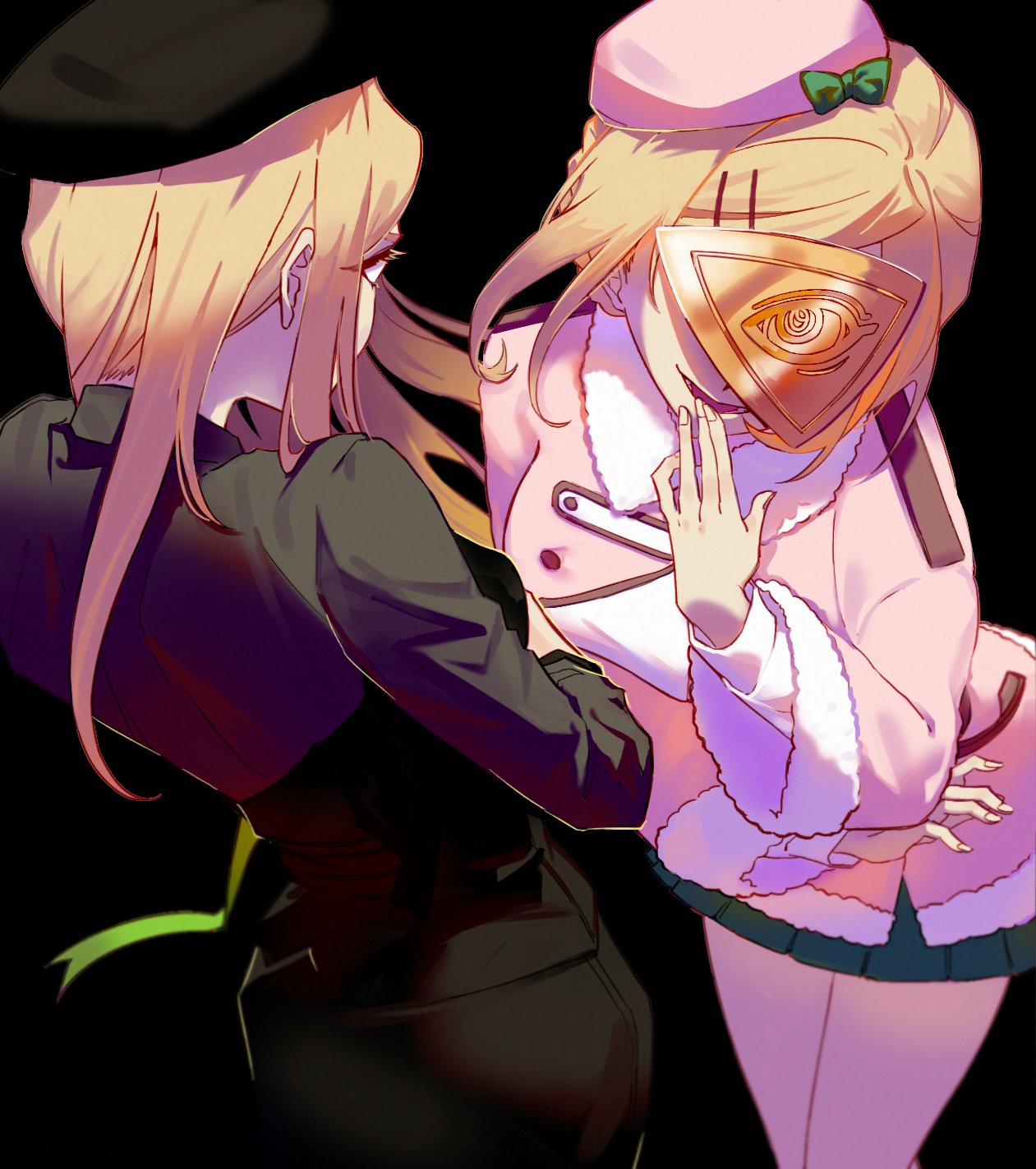 2girls, beret, black_background, black_coat, black_hat, black_skirt, blonde_hair, ciconia_no_naku_koro_ni