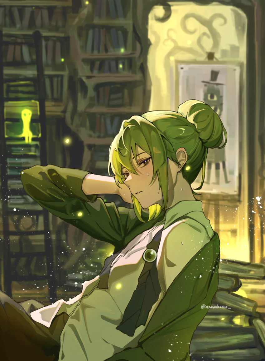1boy, ascot, azusakuma, black_ascot, blush, book, book_stack, bookshelf, brown_eyes, brown_pants, collared_shirt, easel, floor_of_art's_glowing_creature, green_jacket, hair_bun, hand_on_own_cheek, hand_on_own_face, highres, indoors, jacket, ladder, lapels, leaning_back, library_of_ruina, male_focus, netzach's_painting, netzach_(project_moon), off_shoulder, pants, project_moon, shirt, sidelocks, solo, sparkle, sweat, undone_ascot, white_shirt