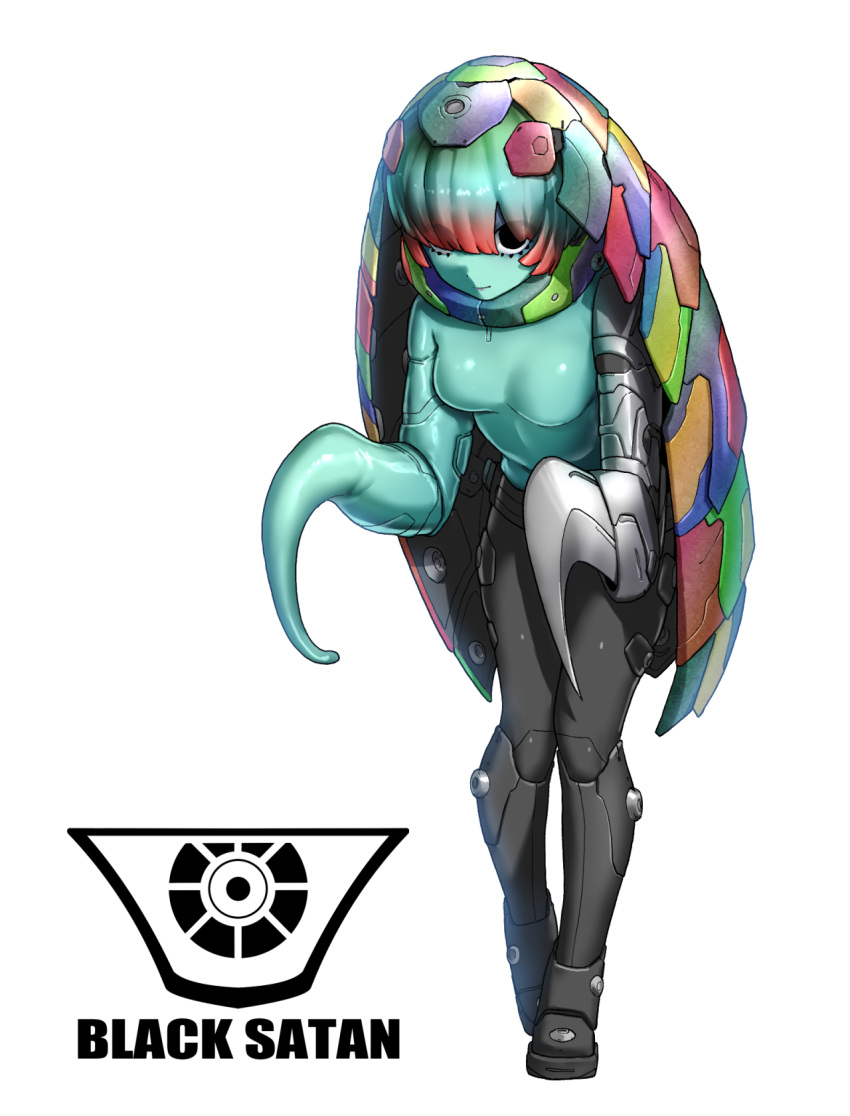 1girl, aqua_hair, aqua_skin, armadillo_shell, belt, black_belt, black_eyes, black_footwear, black_pants, blade_arm, boots, closed_mouth, colored_skin, commentary, cyborg, eidenjyou1997, emblem, english_commentary, expressionless, eyes_visible_through_hair, full_body, genderswap, genderswap_(mtf), green_hair, highres, hunched_over, kamen_rider, kamen_rider_stronger_(series), kikkaijin_armadillon, knee_boots, looking_at_viewer, monster_girl, multicolored_hair, pants, red_hair, simple_background, solo, tendril_arm, white_background