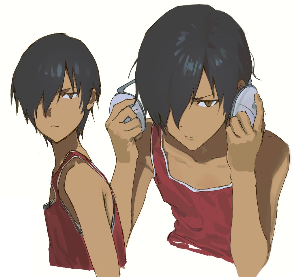 1boy, black_hair, closed_mouth, dark-skinned_male, dark_skin, gy0zax2, hair_over_one_eye, headphones