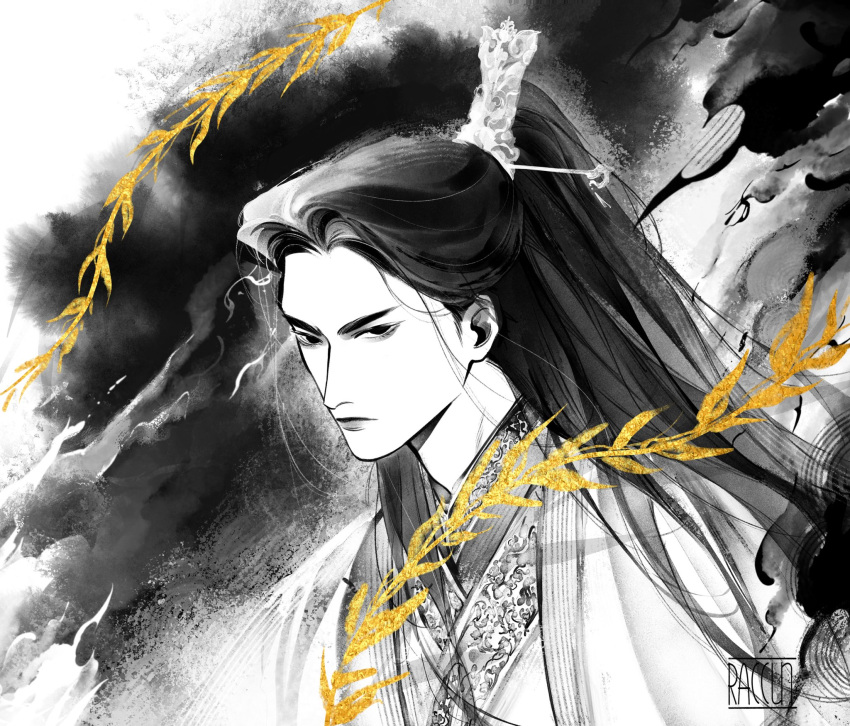 1boy, branch, chinese_clothes, chu_wanning, closed_mouth, erha_he_tadebai_mao_shizun, furrowed_brow, half_updo