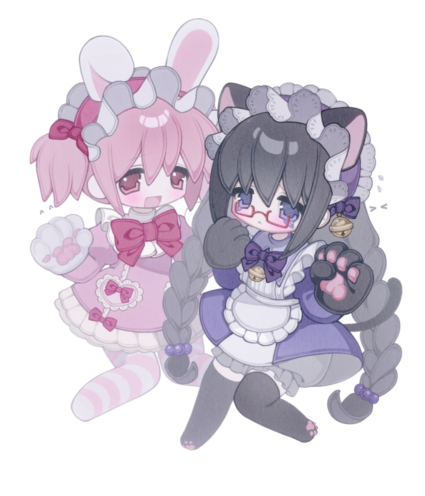 2girls, :<, akemi_homura, alternate_costume, animal_ears, animal_hands, apron, bell, black_hair, black_thighhighs, bloomers, bow, bowtie, braid, cat_ears, chinese_commentary, closed_mouth, commentary_request, deformed, dress, enmaided, frilled_apron, frilled_dress, frills, gloves, grey_bloomers, hair_bell, hair_bow, hair_ornament, hands_up, highres, juliet_sleeves, kaname_madoka, long_hair, long_sleeves, mahou_shoujo_madoka_magica, mahou_shoujo_madoka_magica_(anime), maid, maid_apron, maid_headdress, multiple_girls, neck_bell, open_mouth, pantyhose, paw_gloves, paw_print, pink_bow, pink_bowtie, pink_dress, pink_hair, pink_pantyhose, puffy_sleeves, purple_bow, purple_bowtie, purple_dress, rabbit_ears, red_eyes, short_hair, simple_background, smile, striped_clothes, striped_pantyhose, tearing_up, thigh-highs, twin_braids, twintails, violet_eyes, white_apron, white_background, yigeweiren607