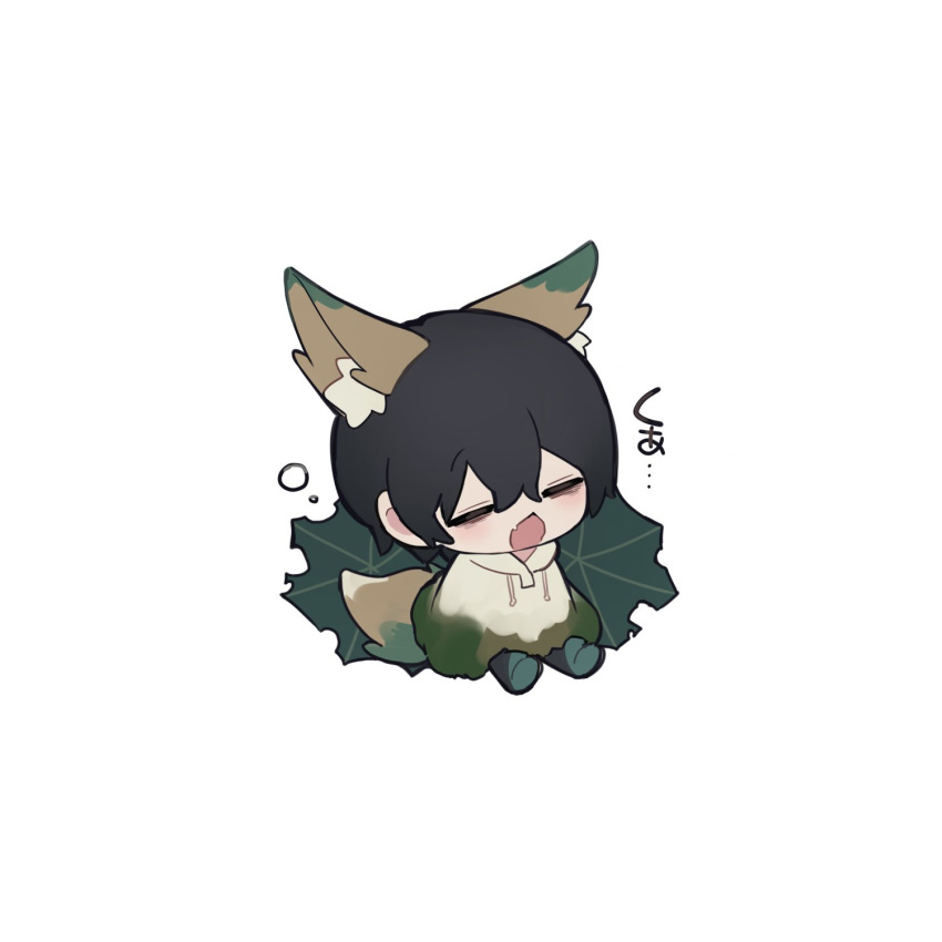 1boy, animal_ear_fluff, animal_ears, black_hair, boots, chibi, chibi_only, closed_eyes