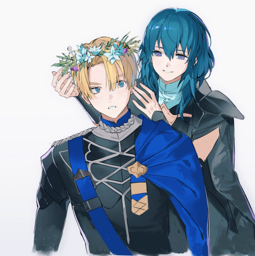 1boy, 1girl, blonde_hair, blue_cape, blue_eyes, blue_hair, byleth_(female)_(fire_emblem), byleth_(fire_emblem), cape, commentary_request, dimitri_alexandre_blaiddyd, fire_emblem, fire_emblem:_three_houses, flower, garreg_mach_monastery_uniform, grey_background, hair_between_eyes, head_wreath, highres, ketaku0404, parted_lips, purple_flower, side_cape, simple_background, upper_body, white_flower
