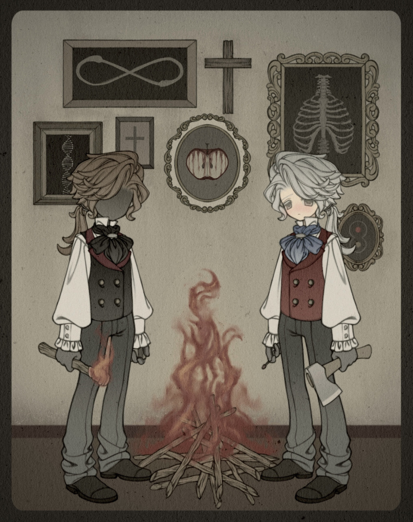 2boys, absurdres, apple, ascot, axe, black_ascot, black_footwear, black_gloves