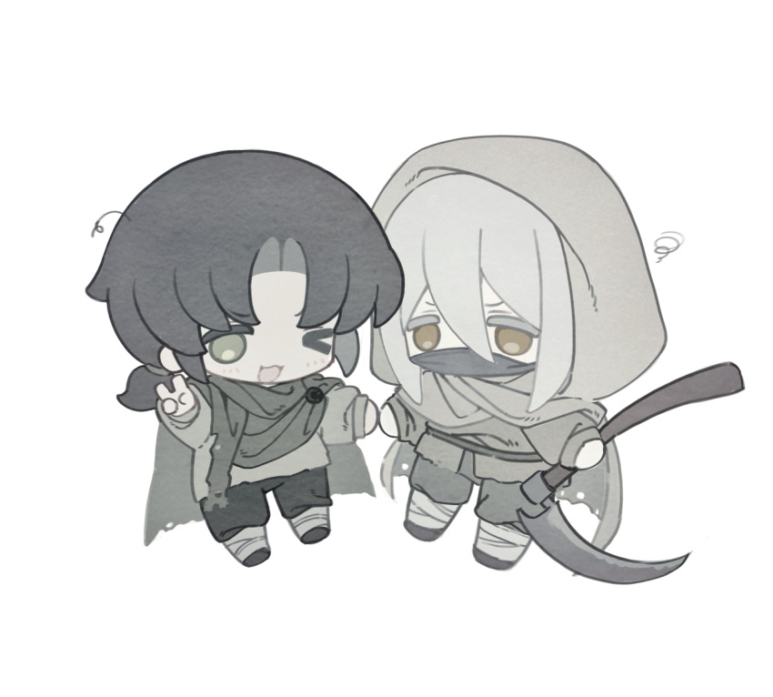 >_o, 2boys, ;3, bandaged_leg, bandages, belt, black_belt, black_cape, black_footwear, black_hair, black_pants, brown_eyes, cape, chibi, chibi_only, chinese_commentary, commentary_request, curtained_hair, green_eyes, grey_cape, grey_hair, grey_pants, grey_shirt, holding, holding_scythe, hood, hood_up, hooded_cape, long_sleeves, male_focus, mask, medium_hair, mortarion, mouth_mask, multiple_boys, one_eye_closed, open_mouth, pants, parted_bangs, scythe, shirt, simple_background, smile, squiggle, tareme, typhus_(warhammer), v, v-shaped_eyebrows, warhammer_40k, white_background, yigeweiren607