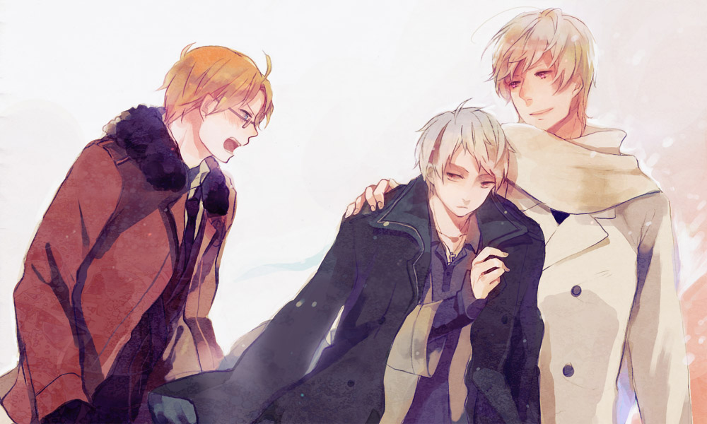 3boys, ahoge, america_(hetalia), axis_powers_hetalia, black-framed_eyewear, black_gloves, black_jacket, black_necktie