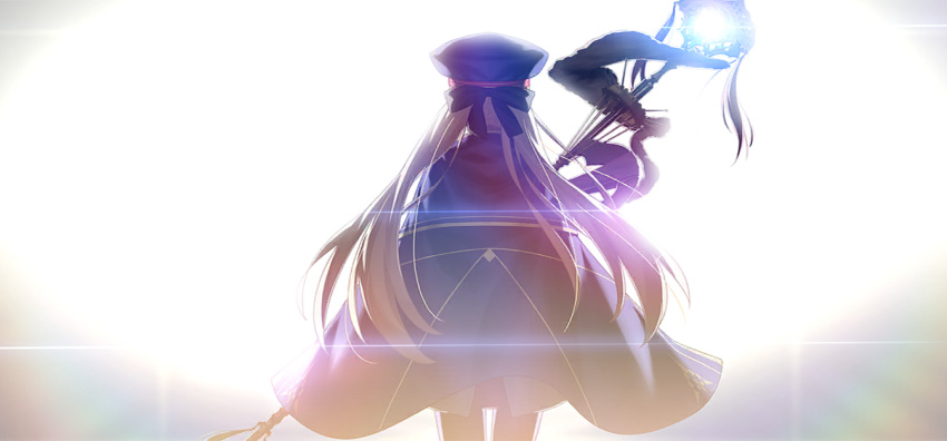 1girl, artoria_caster_(fate), artoria_caster_(second_ascension)_(fate), artoria_pendragon_(fate), back, beret, blonde_hair, blue_cape