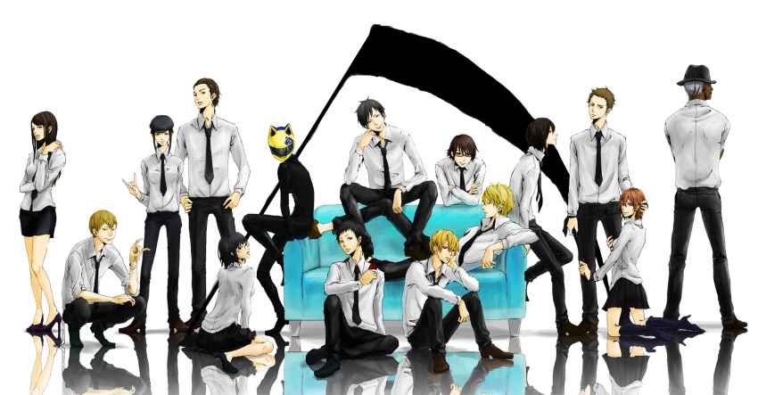 black_hair, blonde_hair, boots, brezhnev_simon, celty_sturluson, durarara!!, glasses, harima_mika, hat, heiwajima_shizuo, kadota_kyohei, karisawa_erika, kida_masaomi, kishitani_shinra, long_hair, necktie, orihara_izaya, ryuugamine_mikado, short_hair, skirt, sonohara_anri, tie, togusa_saburou, weapon, yagiri_namie, yagiri_seiji, yumasaki_walker