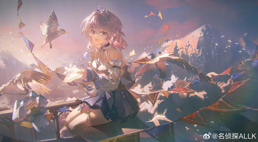 1girl, absurdres, bird, detached_sleeves, dress, floating_hair, garter_straps, highres