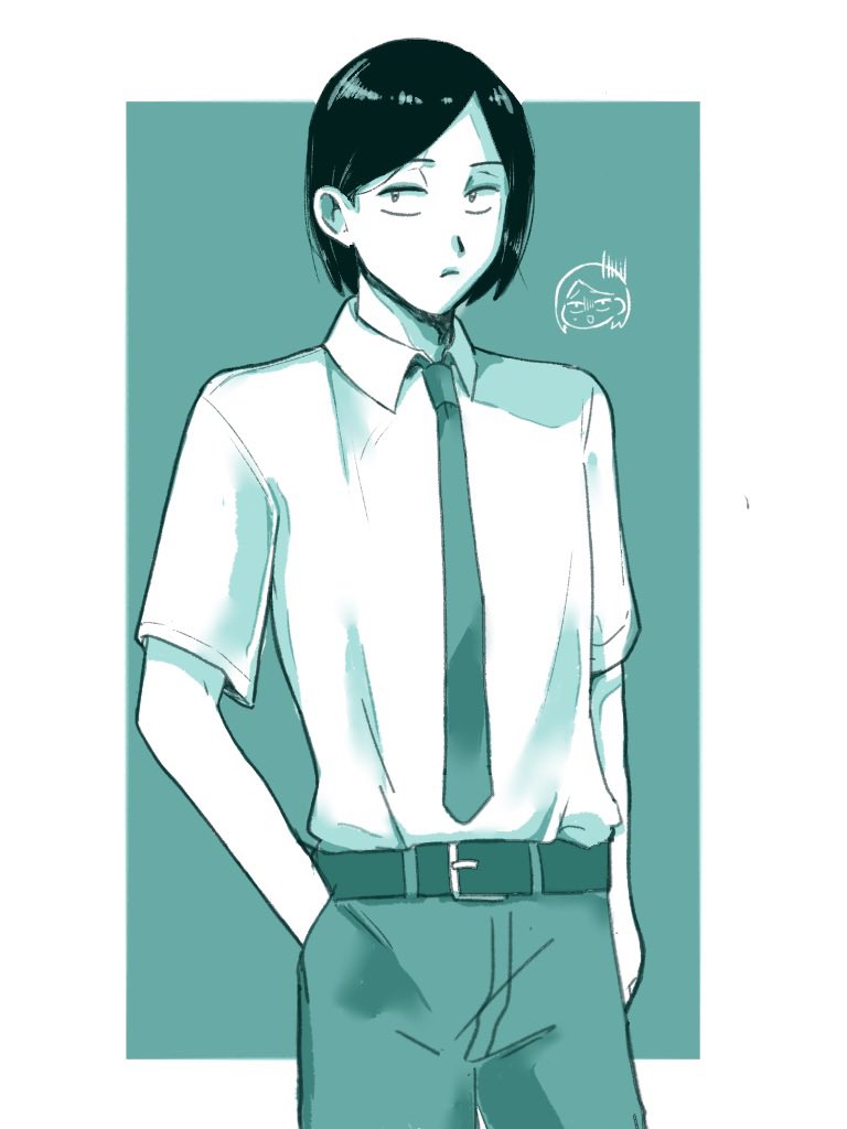 1boy, aqua_background, aqua_theme, arm_at_side, belt, chibi, chibi_inset, closed_mouth, collared_shirt, cowboy_shot, dos_i2525, futsuu_no_keion-bu, hair_behind_ear, hand_in_pocket, looking_to_the_side, male_focus, monochrome, necktie, pants, parted_hair, school_uniform, shirt, shirt_tucked_in, short_hair, short_sleeves, solo, standing, taguchi_ryuuya