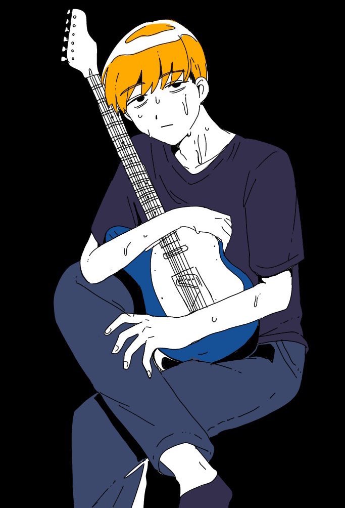 1boy, :|, black_background, black_eyes, blue_pants, bowl_cut, closed_mouth, collarbone, commentary, crossed_legs, dos_i2525, electric_guitar, fender_telecaster, flat_color, futsuu_no_keion-bu, guitar, high_contrast, holding, holding_guitar, holding_instrument, instrument, invisible_chair, looking_at_viewer, male_focus, orange_hair, pants, purple_shirt, sanpaku, shirt, short_hair, short_sleeves, simple_background, sitting, solo, sweat, t-shirt, takami_kouki, very_sweaty