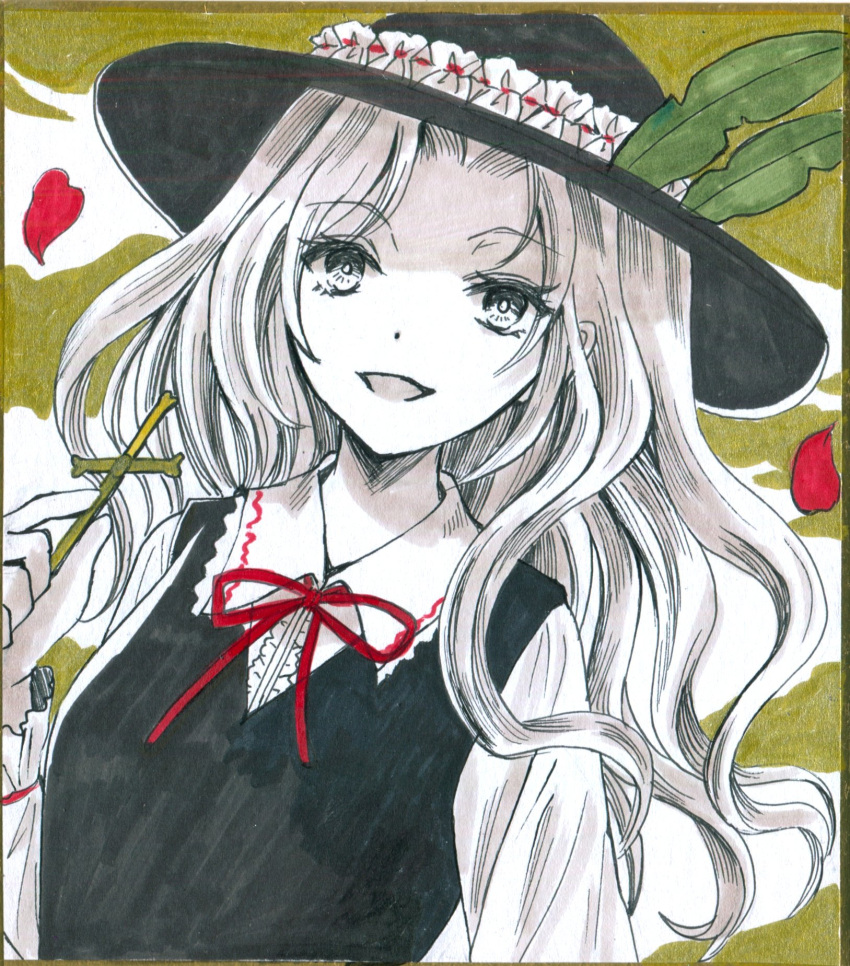 1girl, :d, black_hat, black_vest, breasts, commentary_request, cross, falling_petals