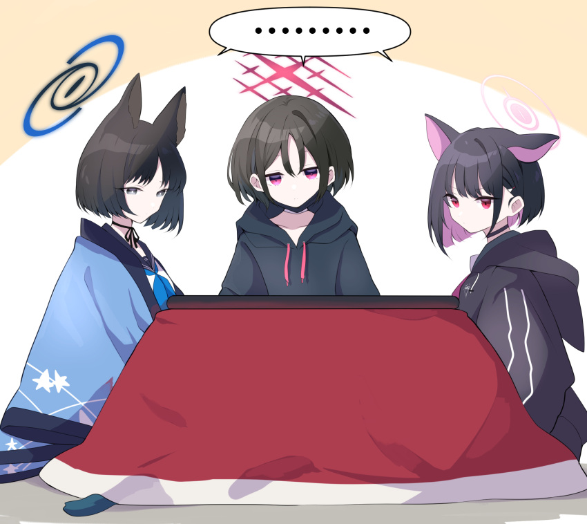 ..., 3girls, animal_ears, black_choker, black_hair, black_hoodie, black_ribbon, blue_archive