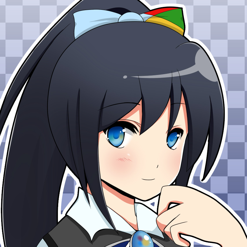 7, black_hair, blue_eyes, hair_ornament, hair_ribbon, hand_on_chin, hand_to_chin, hisana_(oxy_maniax), madobe_mutsumi, microsoft, os, os-tan, ponytail, profile, ribbon, solo
