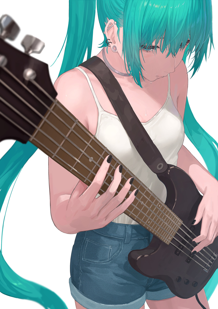 1girl, absurdres, aqua_eyes, aqua_hair, barbell_piercing, bass_guitar, black_nails, blue_shorts