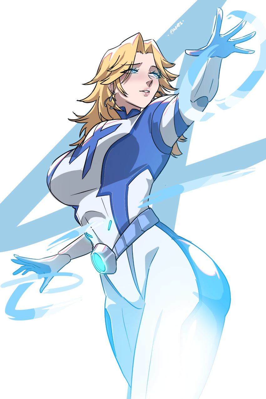 1girl, blonde_hair, blue_bodysuit, blue_eyes, blue_jumpsuit, bodysuit, breasts, earrings, ernez_996, fantastic_four, highres, jewelry, jumpsuit, large_breasts, long_hair, marvel, marvel_rivals, multicolored_bodysuit, multicolored_clothes, partially_invisible, simple_background, smile, solo, sue_storm, superhero_costume, two-tone_bodysuit, white_bodysuit