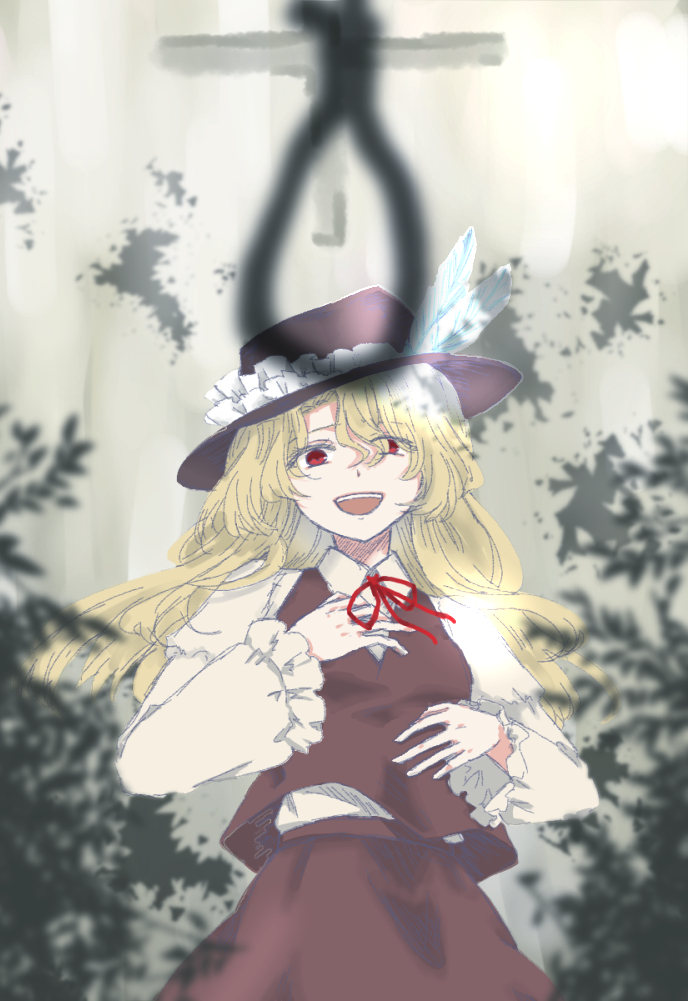 1girl, :d, blonde_hair, breasts, brown_hat, brown_skirt, brown_vest, bush
