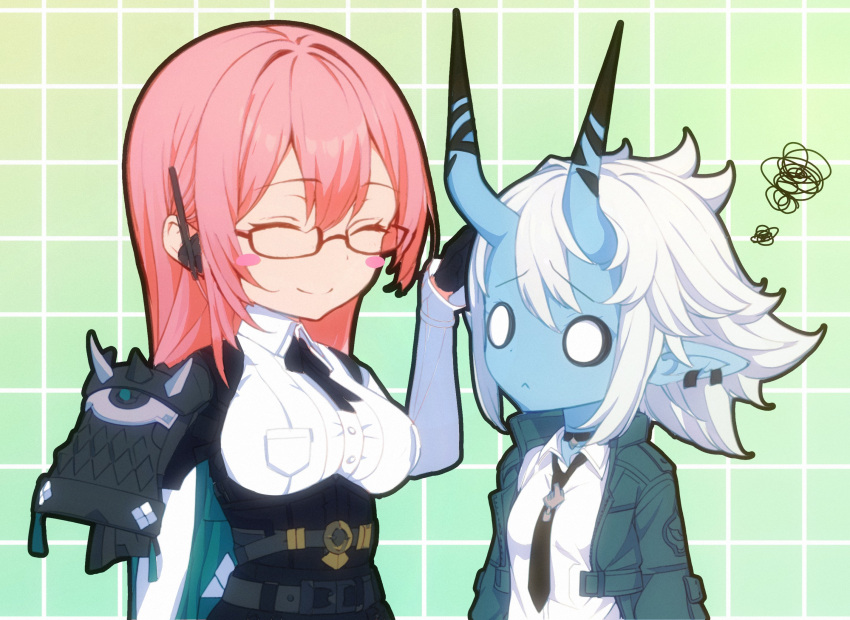 2girls, armor, black_gloves, black_necktie, black_skirt, blue_skin, blush, closed_eyes
