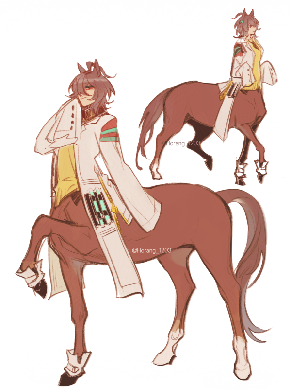 1girl, agnes_tachyon_(umamusume), ahoge, animal_ears, black_shirt, brown_eyes, brown_hair, centaur, closed_mouth, coat, collared_shirt, commentary_request, earrings, empty_eyes, full_body, hair_between_eyes, hand_up, hooves, horang_1203, horse_ears, horse_tail, huge_ahoge, jewelry, korean_commentary, lab_coat, long_sleeves, looking_at_viewer, monster_girl, monsterification, multiple_legs, necktie, open_clothes, open_coat, shirt, short_hair, short_necktie, sidelocks, simple_background, single_earring, sleeves_past_fingers, sleeves_past_wrists, standing, standing_on_three_legs, sweater_vest, tail, taur, test_tube, twitter_username, umamusume, white_background, yellow_sweater_vest