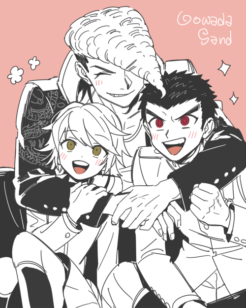3boys, :d, blush, closed_eyes, commentary_request, crossdressing, danganronpa:_trigger_happy_havoc, danganronpa_(series), dg_xhs, flower, fujisaki_chihiro, green_eyes, group_name, happy, hug, ishimaru_kiyotaka, jacket, korean_commentary, long_sleeves, male_focus, multiple_boys, open_mouth, otoko_no_ko, owada_mondo, partially_colored, pink_background, pompadour, red_eyes, ribbon, shirt, short_hair, sitting, skirt, smile, sparkle, v-shaped_eyebrows