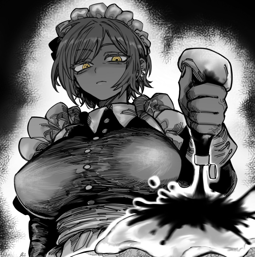 1girl, alternate_costume, apron, brown_eyes, brown_hair, dark-skinned_female, dark_skin, disgust