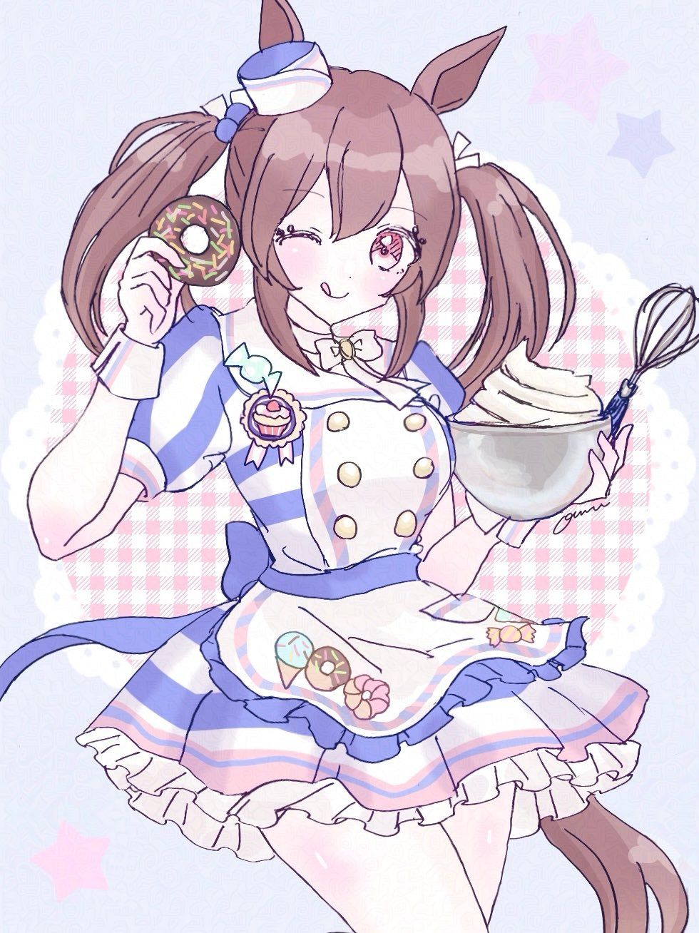 1girl, ;q, animal_ears, blue_background, blue_hat, bowl, breasts, brown_hair, closed_mouth, commentary, doughnut, food, frilled_skirt, frills, hair_between_eyes, hair_bobbles, hair_ornament, hair_ribbon, hat, highres, hishi_akebono_(umamusume), holding, holding_bowl, holding_food, horse_ears, horse_girl, horse_tail, medium_breasts, mini_hat, mixing_bowl, o_(_oomua), one_eye_closed, plaid_background, red_eyes, ribbon, shirt, skirt, smile, solo, star_(symbol), striped_clothes, striped_shirt, striped_skirt, symbol-only_commentary, tail, tilted_headwear, tongue, tongue_out, twintails, umamusume, whipped_cream, whisk, white_ribbon