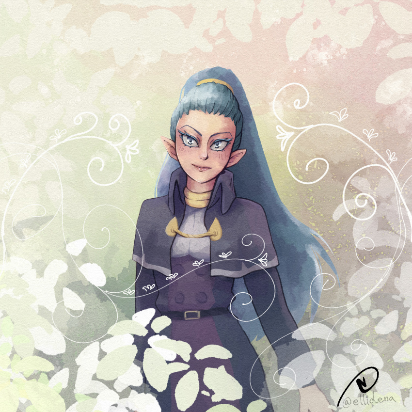 1girl, artist_name, belt, black_capelet, blue_hair, blush, capelet, ellidena