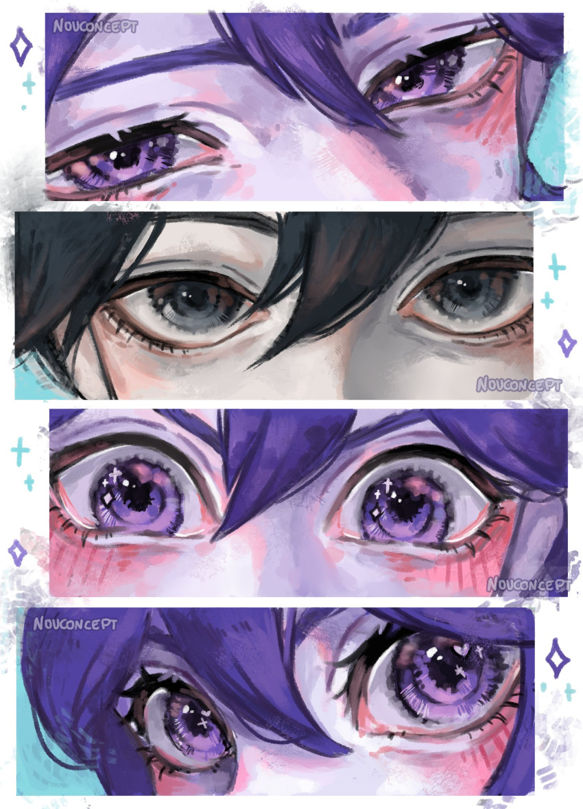 1girl, 3boys, aegyo_sal, artist_name, aubrey_(headspace)_(omori), aubrey_(omori), black_eyes, black_hair, blush, border, colored_skin, commentary, double-parted_bangs, english_commentary, eye_focus, hair_behind_ear, hair_between_eyes, heart, heart_in_eye, hero_(headspace)_(omori), hero_(omori), highres, kel_(headspace)_(omori), kel_(omori), looking_at_viewer, multiple_boys, nouconcept, omori, omori_(omori), purple_hair, sparkle, sparkling_eyes, symbol_in_eye, v-shaped_eyebrows, violet_eyes, white_border, white_skin