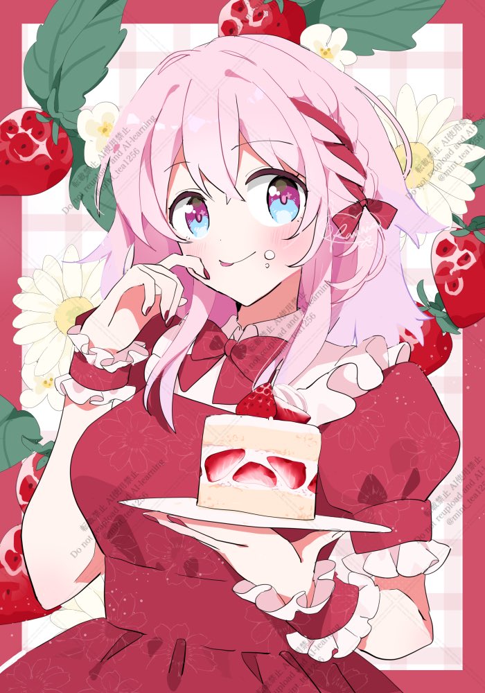 1girl, adversarial_noise, alternate_costume, blue_eyes, breasts, cake, commentary_request, dress
