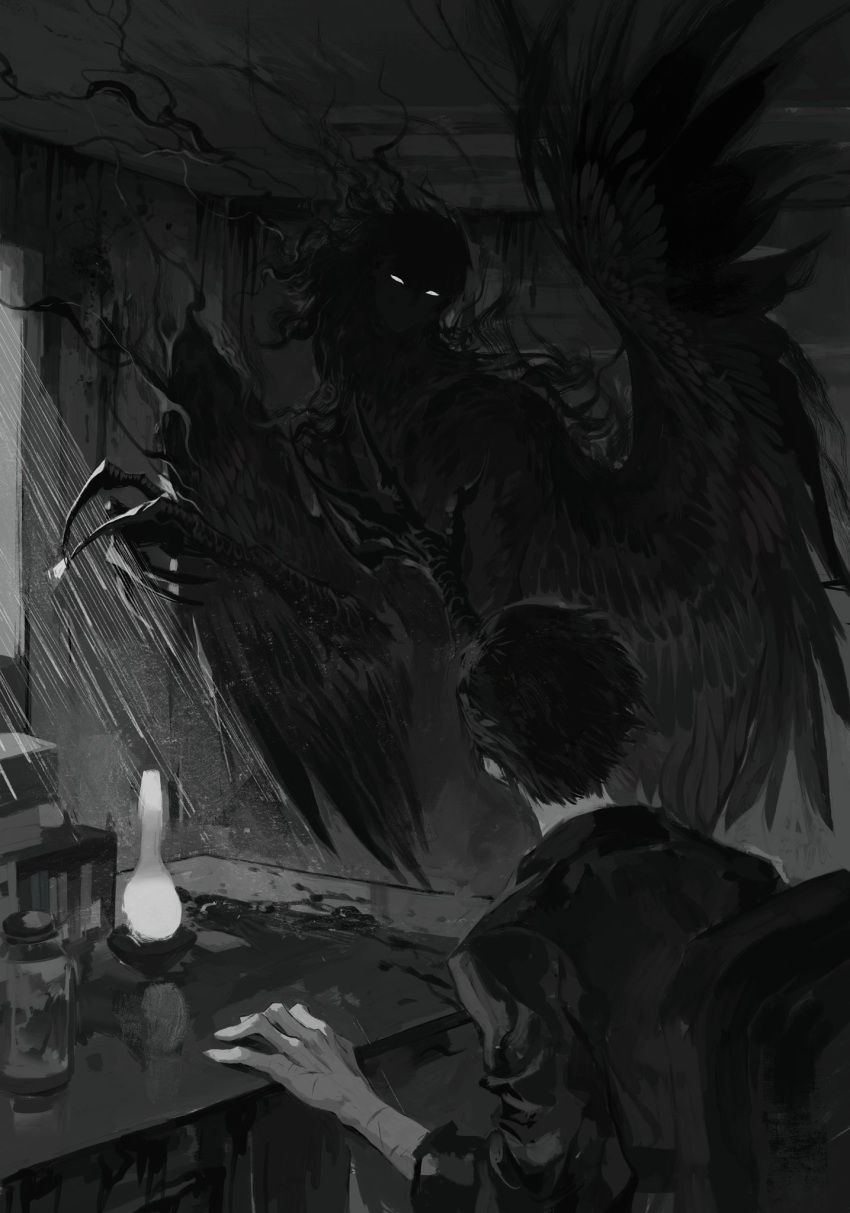 1boy, 1other, aura, black_wings, claws, dark_aura, desk, greyscale
