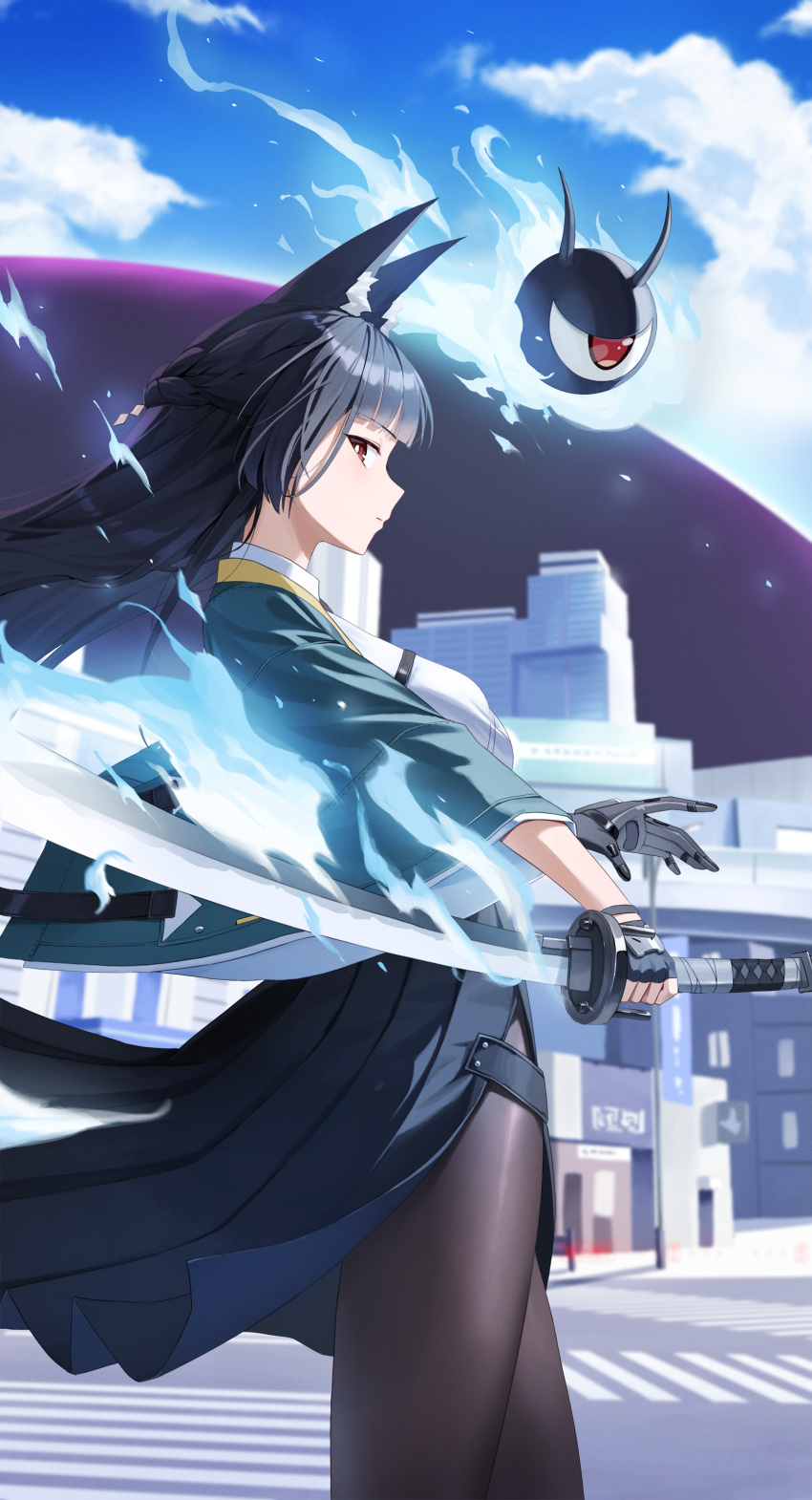1girl, absurdres, animal_ear_fluff, animal_ears, black_gloves, black_hair, black_skirt, blue_sky