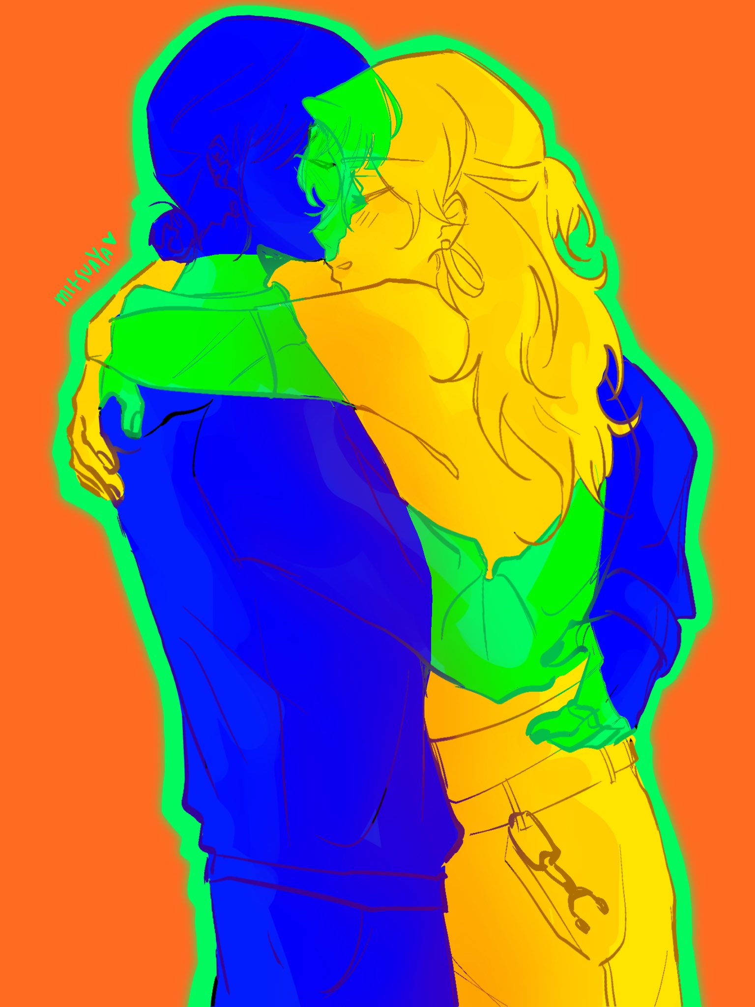 2girls, arms_around_back, belt, blush, closed_eyes, color_contrast, colorful, cowboy_shot, ear_piercing, earrings, english_commentary, green_outline, hair_bun, half_updo, hand_on_another's_back, heads_together, highres, hood, hoodie, hoop_earrings, hug, i_depend_on_you_(meme), jewelry, kininatteru_hito_ga_otoko_ja_nakatta, koga_mitsuki, long_hair, long_sleeves, meme, multiple_girls, multiple_monochrome, oosawa_aya, orange_background, outline, parted_lips, piercing, see-through_body, shadowdiahrea, short_hair, single_hair_bun, standing, wavy_hair, yuri