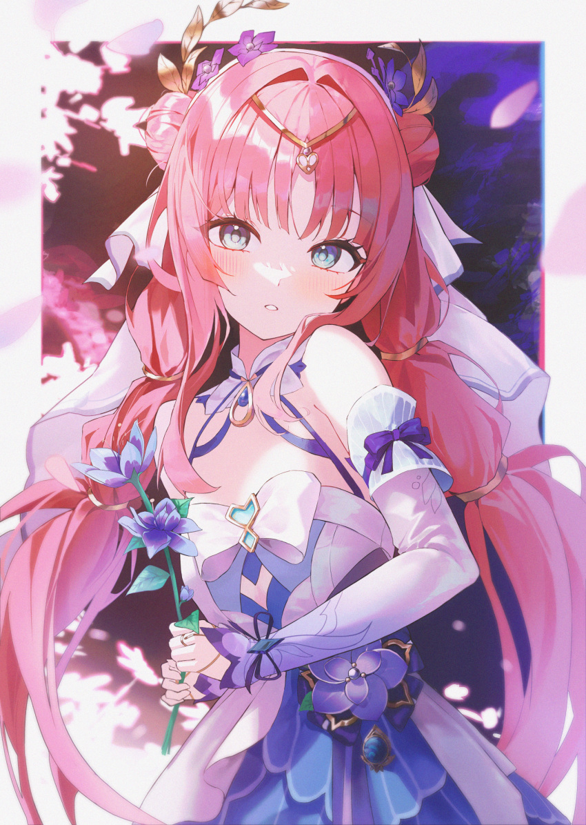 1girl, aqua_eyes, bare_shoulders, blue_sleeves, circlet, commentary, detached_sleeves, dress