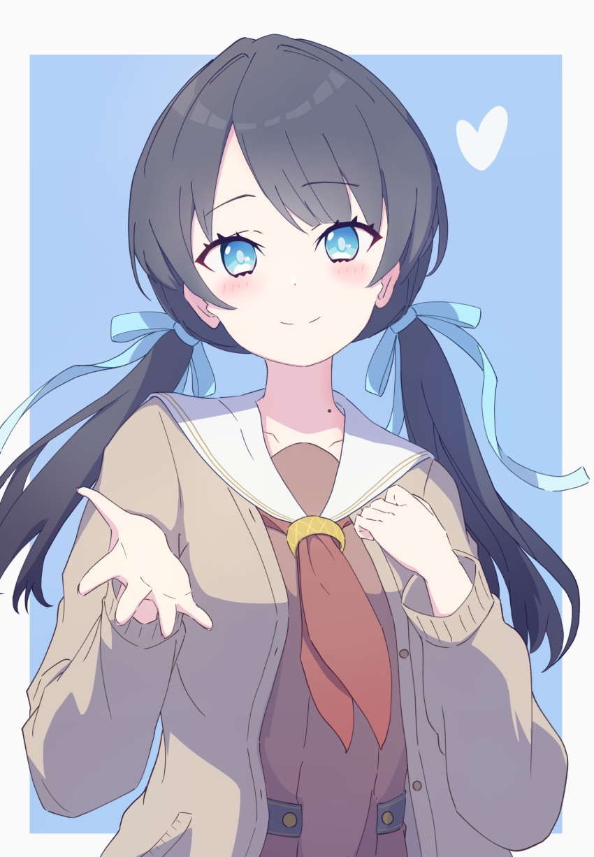 1girl, blue_background, blue_eyes, blue_hair, blue_ribbon, blush, border, brown_cardigan