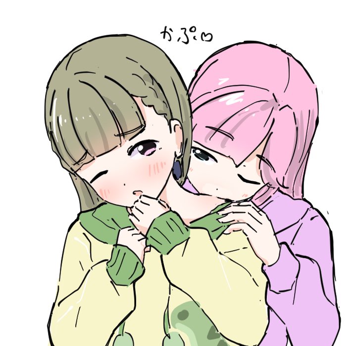 2girls, anyoji_hime, anyoji_hime_(winter_loungewear), biting_shoulder, black_bow, blunt_bangs, blush, bow