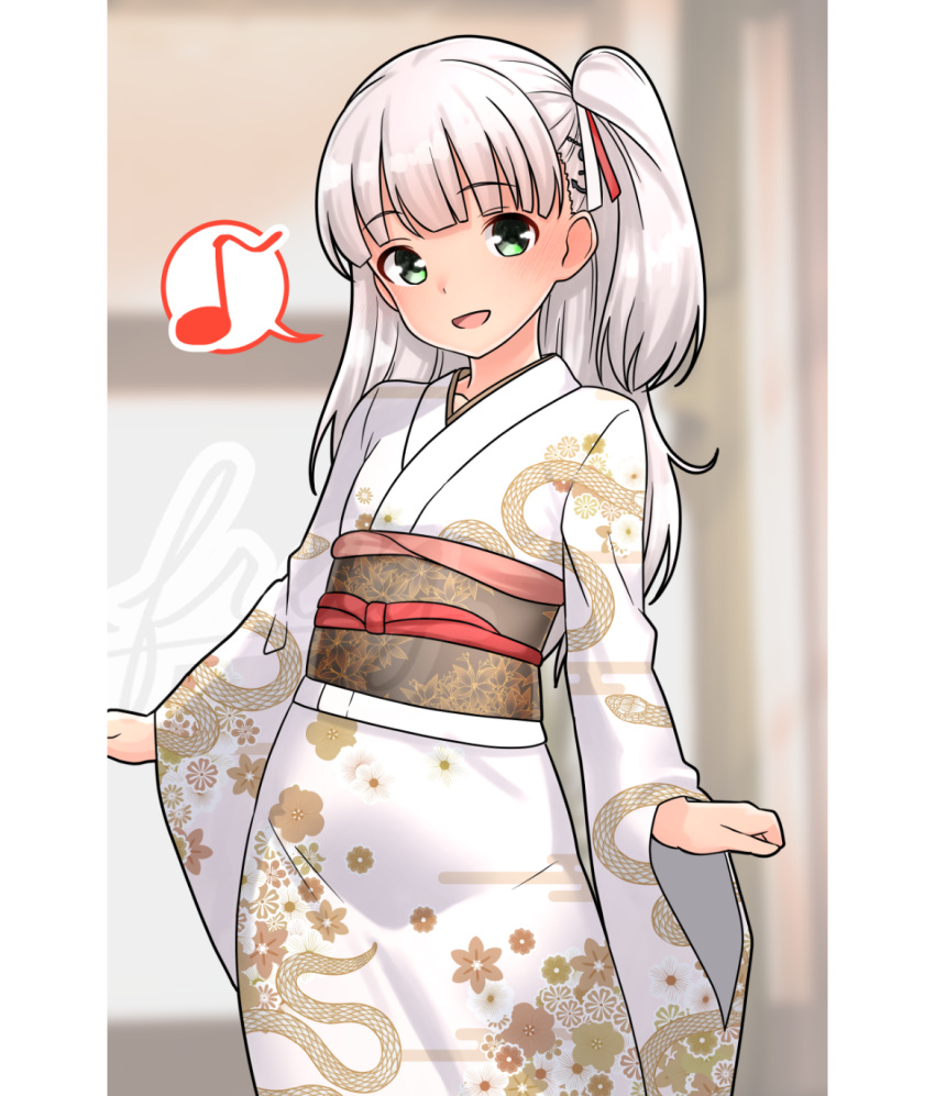 1girl, alternate_costume, blush, chinese_zodiac, furaggu_(frag_0416), green_eyes, grey_hair, hair_ribbon