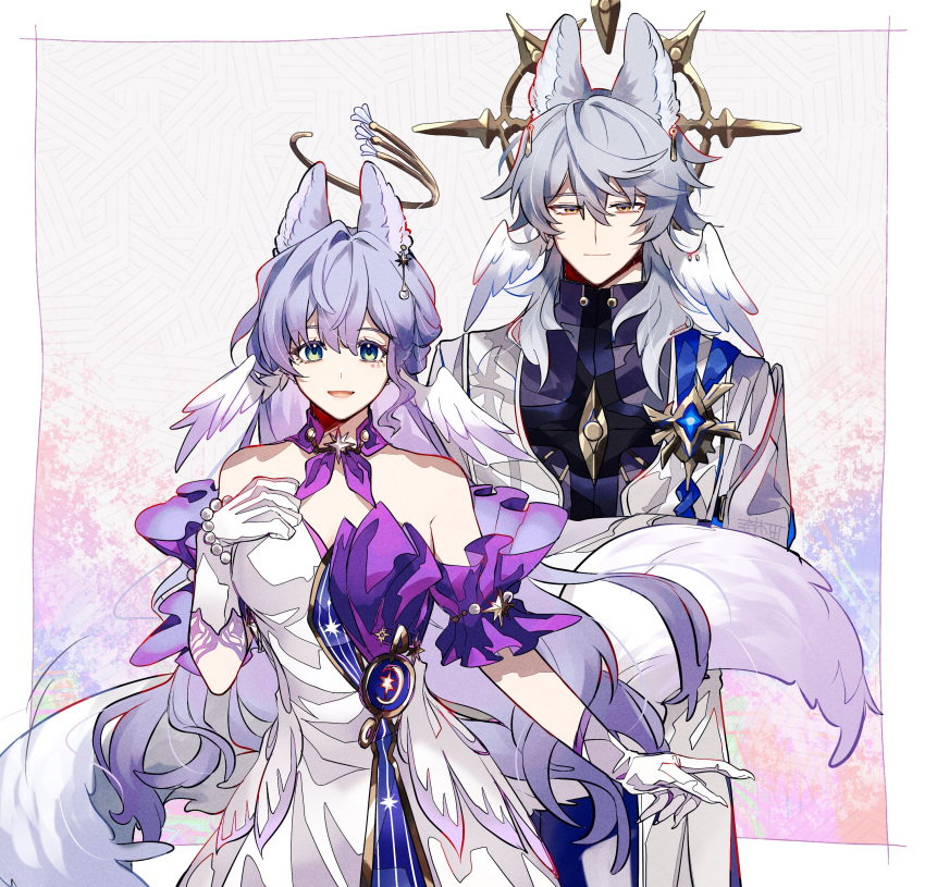 1boy, 1girl, absurdres, animal_ears, aqua_eyes, bare_shoulders, blue_hair, border