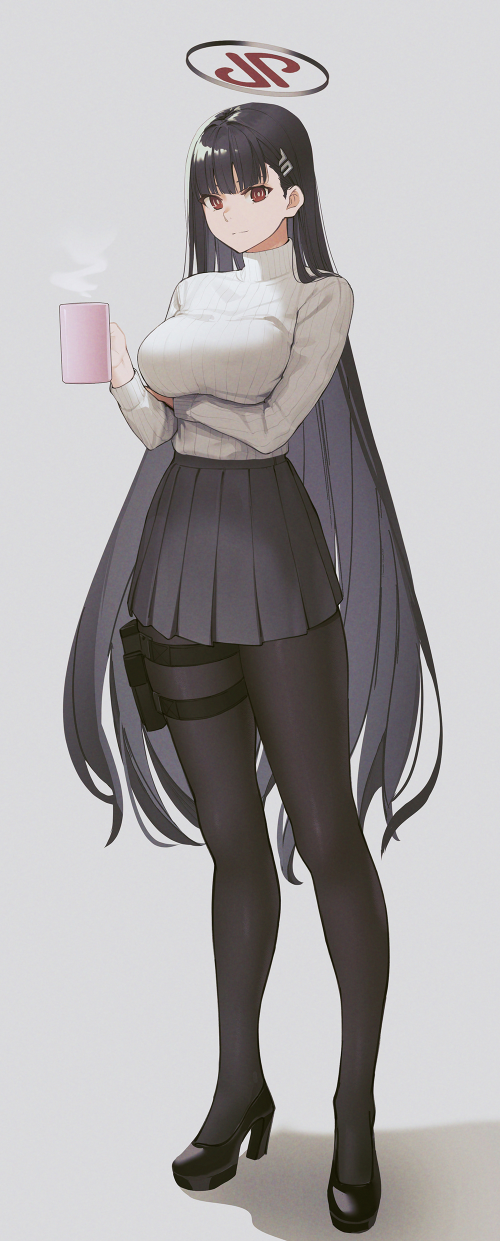 1girl, absurdres, arm_under_breasts, black_footwear, black_hair, black_pantyhose, blue_archive, breasts, c-eye, commentary_request, cup, full_body, hair_ornament, hairclip, halo, high_heels, highres, holding, holding_cup, holster, long_hair, looking_at_viewer, medium_breasts, pantyhose, pleated_skirt, red_eyes, ribbed_sweater, rio_(blue_archive), skirt, smile, solo, steam, sweater, thigh_holster, turtleneck, turtleneck_sweater, variant_set, very_long_hair, white_sweater
