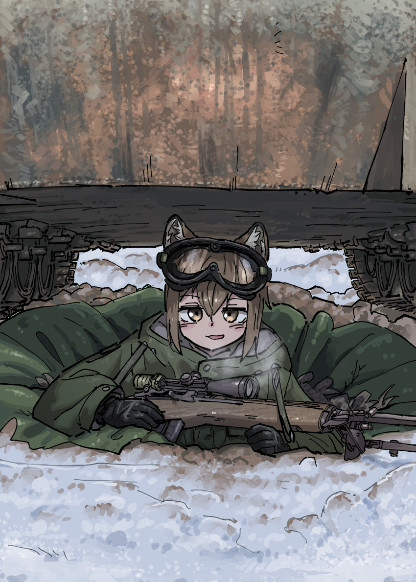 1girl, absurdres, animal_ears, battle_rifle, black_gloves, breath, brown_eyes, brown_hair, coat, crater, fox_ears, fox_girl, fox_girl_(yihan_world), foxhole, gloves, goggles, goggles_on_head, green_coat, gun, highres, long_sleeves, m14, m21, military_vehicle, motor_vehicle, original, partially_buried, rifle, scope, short_hair, ski_goggles, smile, solo, tank, weapon, winter, yihan_world