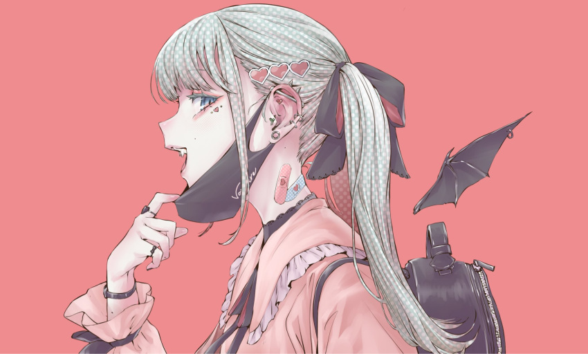 1girl, aqua_hair, backpack, bag, bandaid, bandaid_on_neck, bat_wings, black_bag