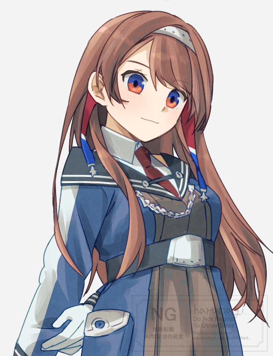 1girl, black_sailor_collar, blue_dress, brown_hair, collared_shirt, colored_inner_hair, dress, dress_shirt