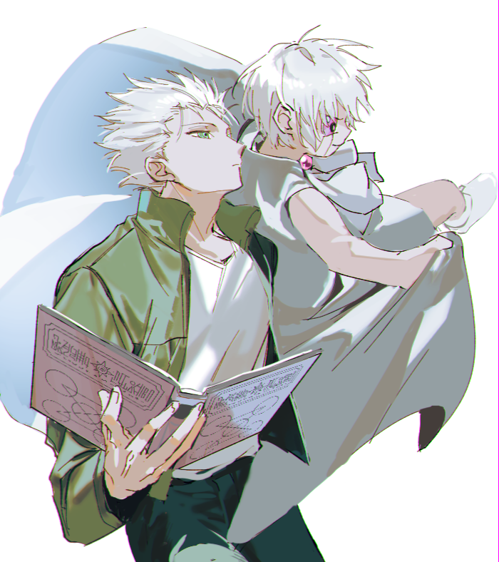2boys, book, cloak, dufort, green_eyes, green_jacket, holding, holding_book