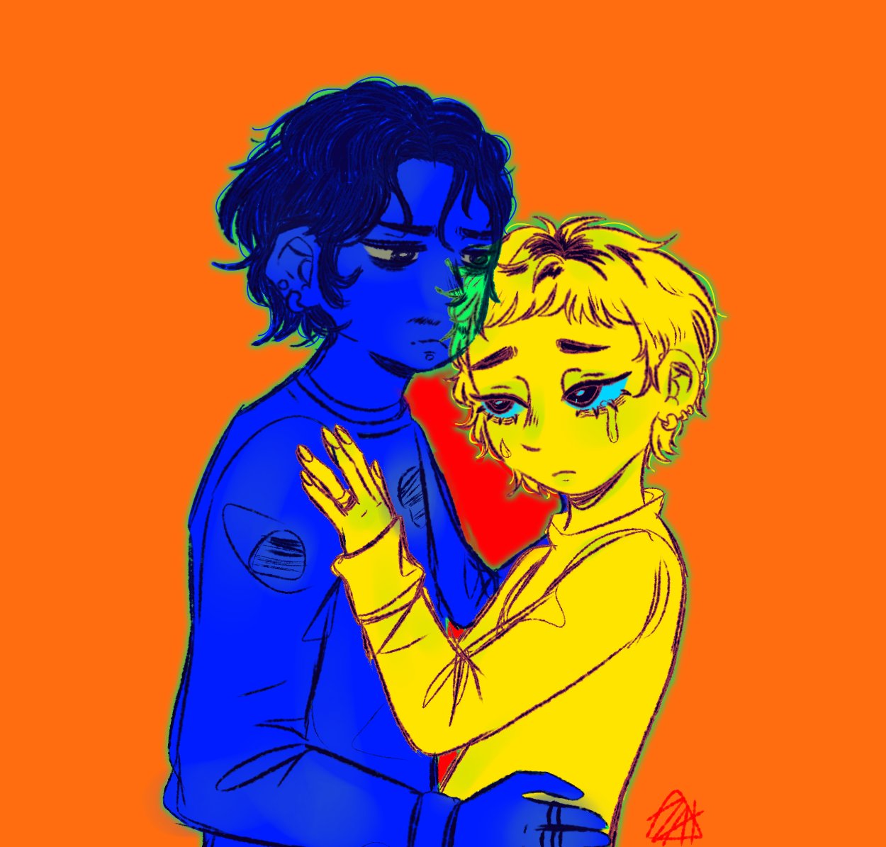 1boy, 1girl, aged_down, blue_skin, bright_pupils, closed_mouth, color_contrast, colored_skin, crying, crying_with_eyes_open, earrings, facial_hair, frown, furrowed_brow, hand_on_another's_shoulder, hand_on_another's_waist, height_difference, hoop_earrings, i_depend_on_you_(meme), jewelry, joe_(kininatteru_hito_ga_otoko_ja_nakatta), kanna_(kininatteru_hito_ga_otoko_ja_nakatta), kininatteru_hito_ga_otoko_ja_nakatta, lazaward_zai, long_sleeves, looking_at_another, meme, multicolored_hair, multiple_monochrome, multiple_rings, mustache, orange_background, red_background, ring, roots_(hair), scene_reference, short_hair, signature, streaming_tears, tears, upper_body, wavy_hair, white_pupils, yellow_skin