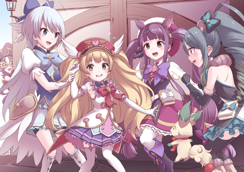 5girls, absurdres, animal_ears, bare_shoulders, black_gloves, black_thighhighs, blonde_hair, blue_bow