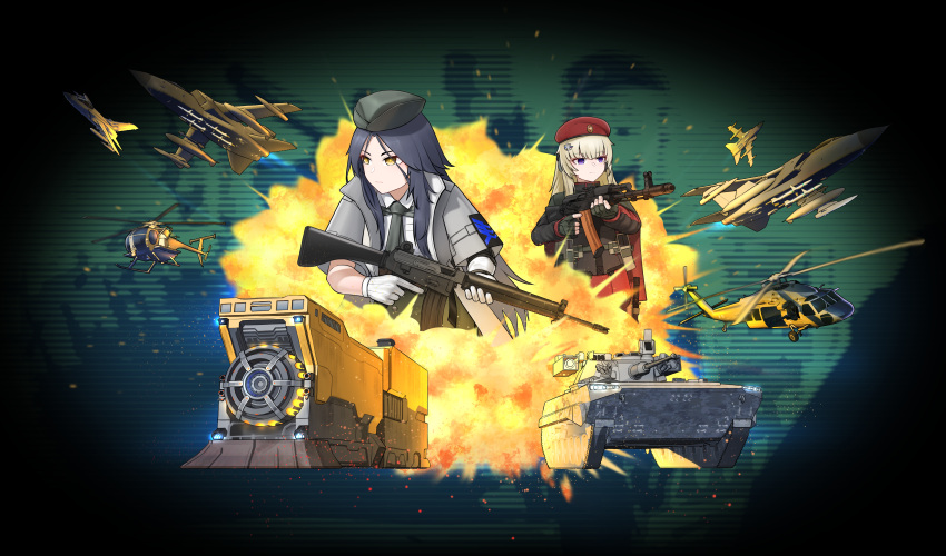2girls, absurdres, aircraft, airplane, ak-74m, ak74m_(girls'_frontline), ar-18, ar-18_(girls'_frontline)