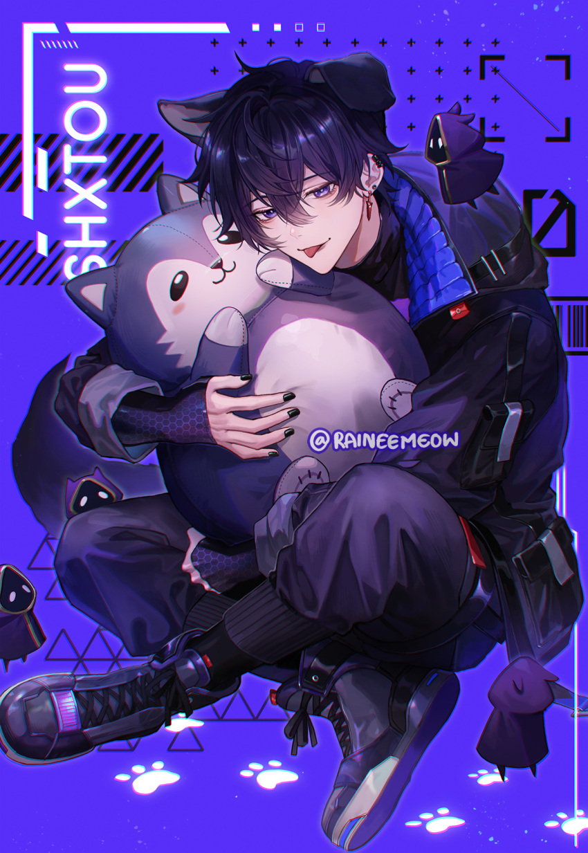 1boy, :p, animal_ears, artist_name, black_coat, black_footwear, black_hair, black_nails, black_pants, black_shirt, black_socks, character_name, closed_mouth, coat, commentary, crossed_bangs, dog_ears, ear_piercing, earrings, english_commentary, fingernails, hair_between_eyes, highres, holding, holding_stuffed_toy, indie_virtual_youtuber, jewelry, long_sleeves, looking_at_viewer, male_focus, nail_polish, pants, paw_print, piercing, pouch, purple_background, purple_footwear, raineemeow, shirt, shoelaces, shoes, short_hair, shoto_(vtuber), simple_background, single_ear_down, sitting, sleeves_past_wrists, smile, socks, solo, stud_earrings, stuffed_animal, stuffed_dog, stuffed_toy, tongue, tongue_out, turtleneck, twitter_username, violet_eyes
