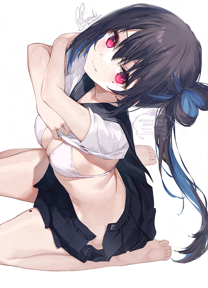 1girl, barefoot, black_hair, bra, bra_peek, breasts, closed_mouth, fang, fang_out, hair_between_eyes, hair_bun, heart_hair_bun, kurenai_akane, long_hair, looking_at_viewer, looking_up, medium_breasts, mole, mole_under_eye, multicolored_hair, one_side_up, project-sp, red_eyes, satsuki_misuzu, school_uniform, serafuku, short_sleeves, single_side_bun, smile, solo, underwear, undressing, virtual_youtuber