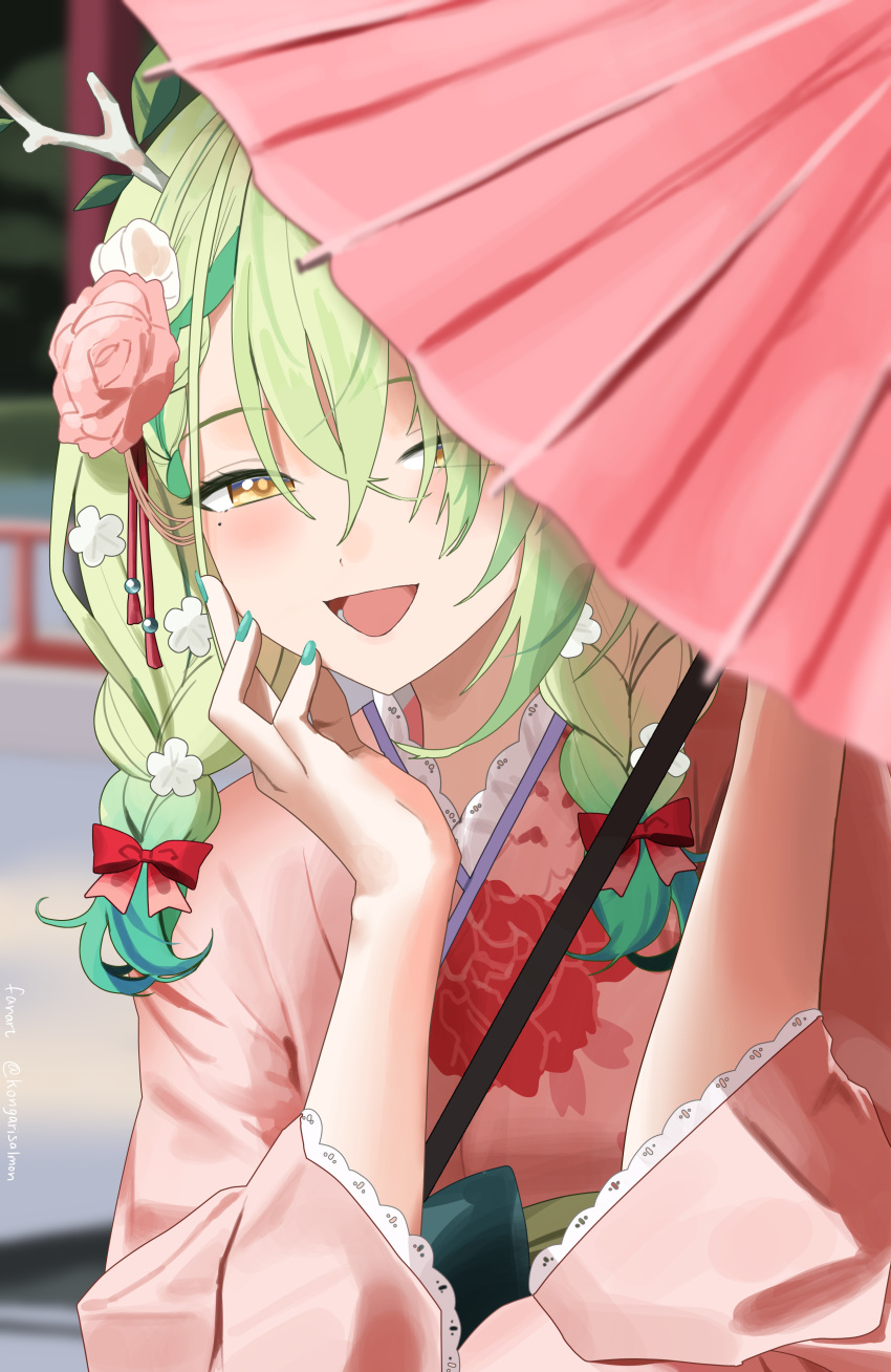 1girl, :d, absurdres, aqua_nails, blush, braid, ceres_fauna, ceres_fauna_(new_year)