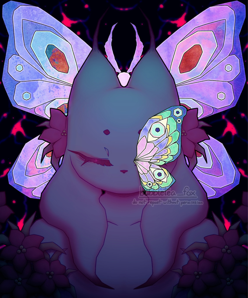 1girl, black_background, bubbletea-fox, butterfly_wings, cat_girl, closed_eyes, closed_mouth, collarbone